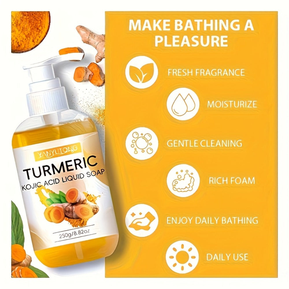 Turmeric Kojic Acid Liquid Soap 250g – Skin Brightening Body Wash for Dark Spots, Even Skin Tone, Deep Cleansing Rich Foam