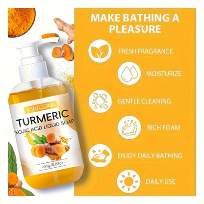 Turmeric Kojic Acid Liquid Soap 250g – Skin Brightening Body Wash for Dark Spots, Even Skin Tone, Deep Cleansing Rich Foam
