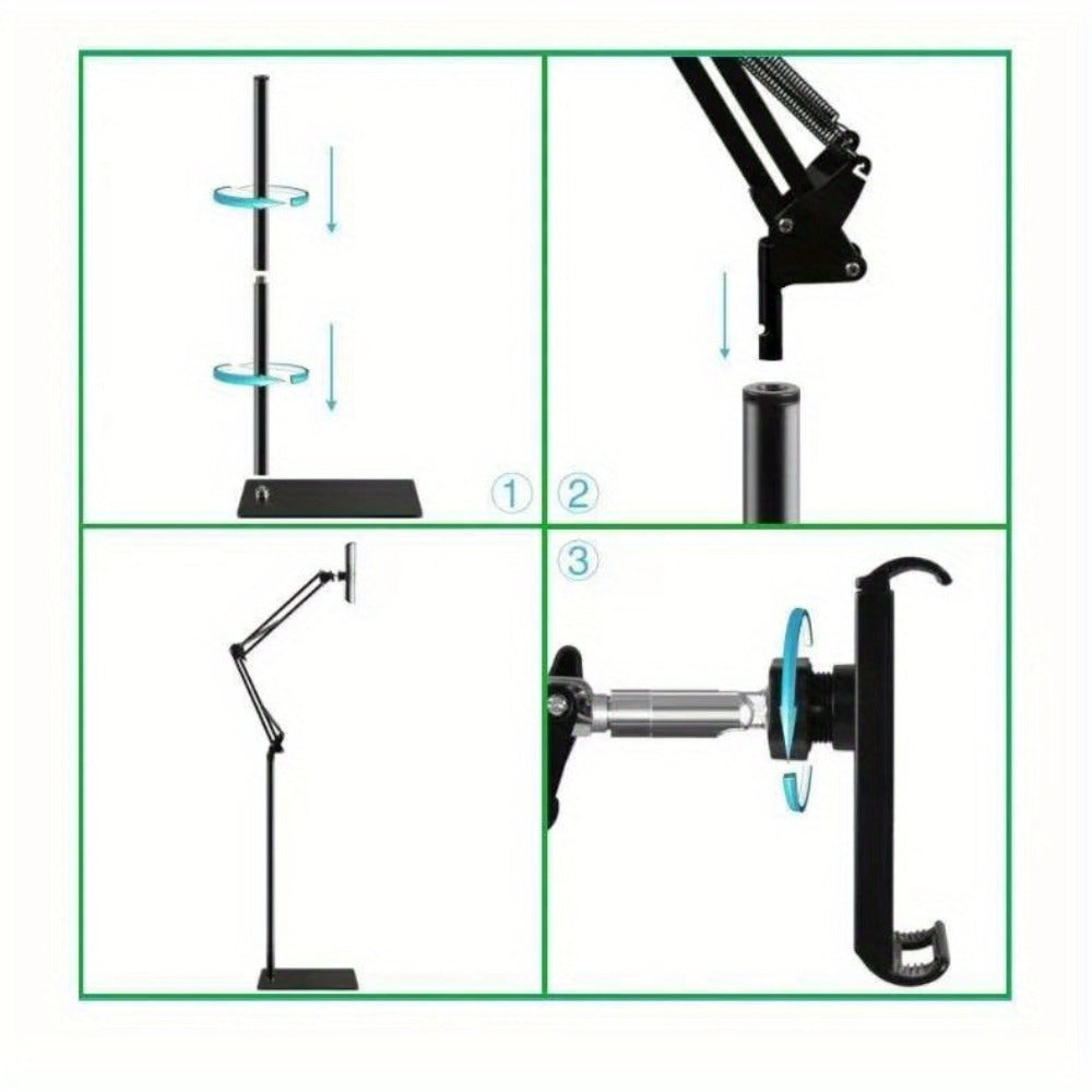 Floor Stand Phone Tablet Holder 68.9 Inch Flexible Gooseneck Lazy Bracket with 360° Rotating Head Foldable Adjustable Arm for Bed Sofa Desk