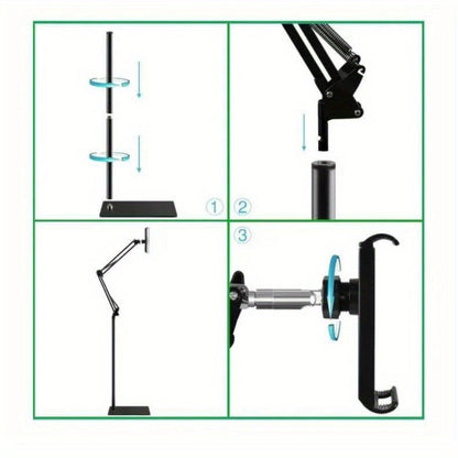 Floor Stand Phone Tablet Holder 68.9 Inch Flexible Gooseneck Lazy Bracket with 360° Rotating Head Foldable Adjustable Arm for Bed Sofa Desk