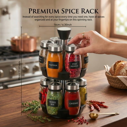 Glass Spice Jar Set with Rotating Rack, Airtight Kitchen Spice Organizer with 360° Stainless Steel Stand