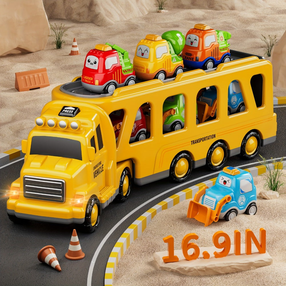 Transport Construction Truck Toy for Boys, 16.9 Inch Large Carrier Truck with 6 Cars, Lights & Sounds