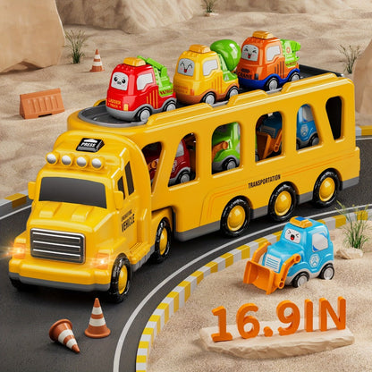 Transport Construction Truck Toy for Boys, 16.9 Inch Large Carrier Truck with 6 Cars, Lights & Sounds