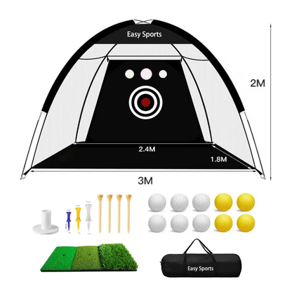 Golf Practice Net Set 10x7ft – Tri-Turf Mat, Target Design, 5 Balls, Tees & Storage Bag | Backyard Golf Training Net for Home Use