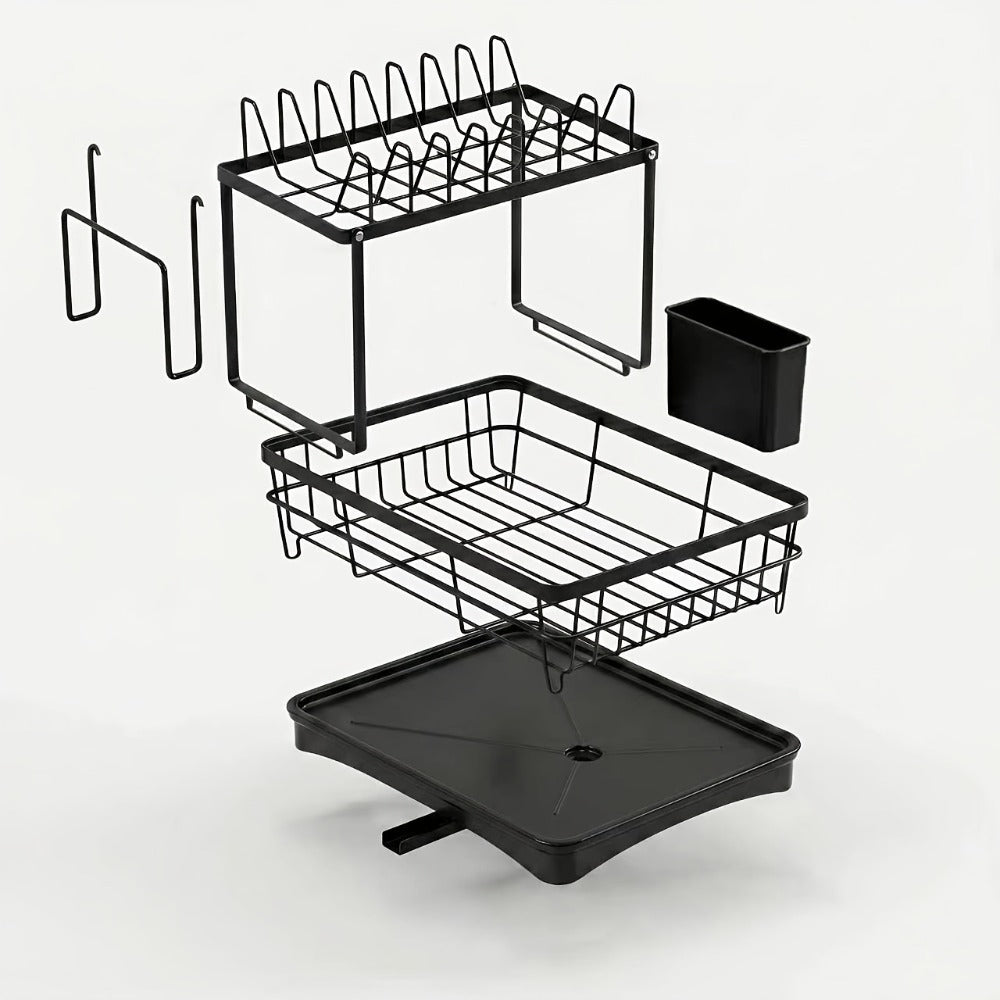 Two-Tier Dish Drying Rack Set with Metal Frame, Drainboard, Mat and Utensil and Cup Holders