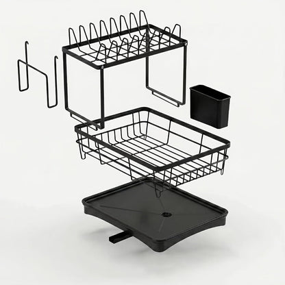 Two-Tier Dish Drying Rack Set with Metal Frame, Drainboard, Mat and Utensil and Cup Holders