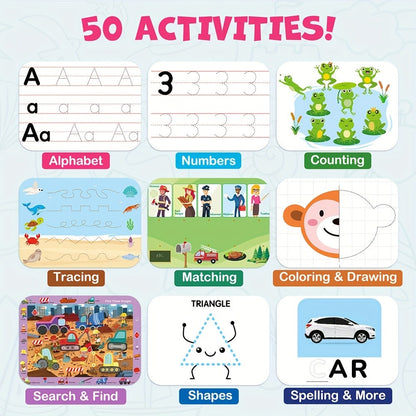 Preschool Busy Book for Toddlers Ages 2-6, 50 Pages Tracing Writing Drawing Activity Workbook, Kindergarten Readiness Practice Book