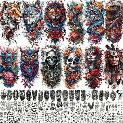 Temporary Tattoos, 71-Sheet Old School and Gothic Set with Tiger, Wolf, Lion, Dragon, Skull and Floral Motifs