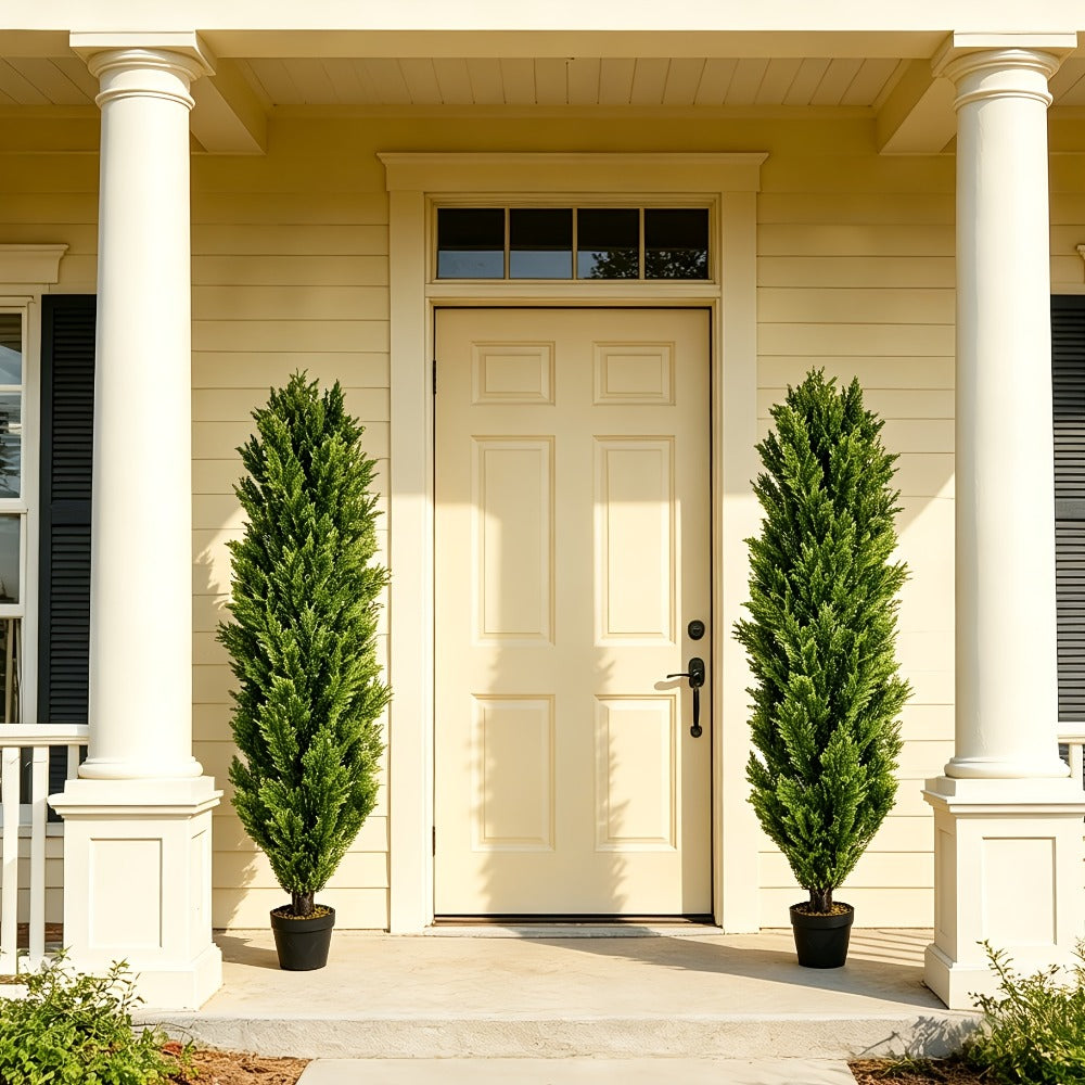 Two-Pack Artificial Cedar Topiary Trees with 4, 5 or 6 ft Height Options and Optional 16-Inch Black Planters