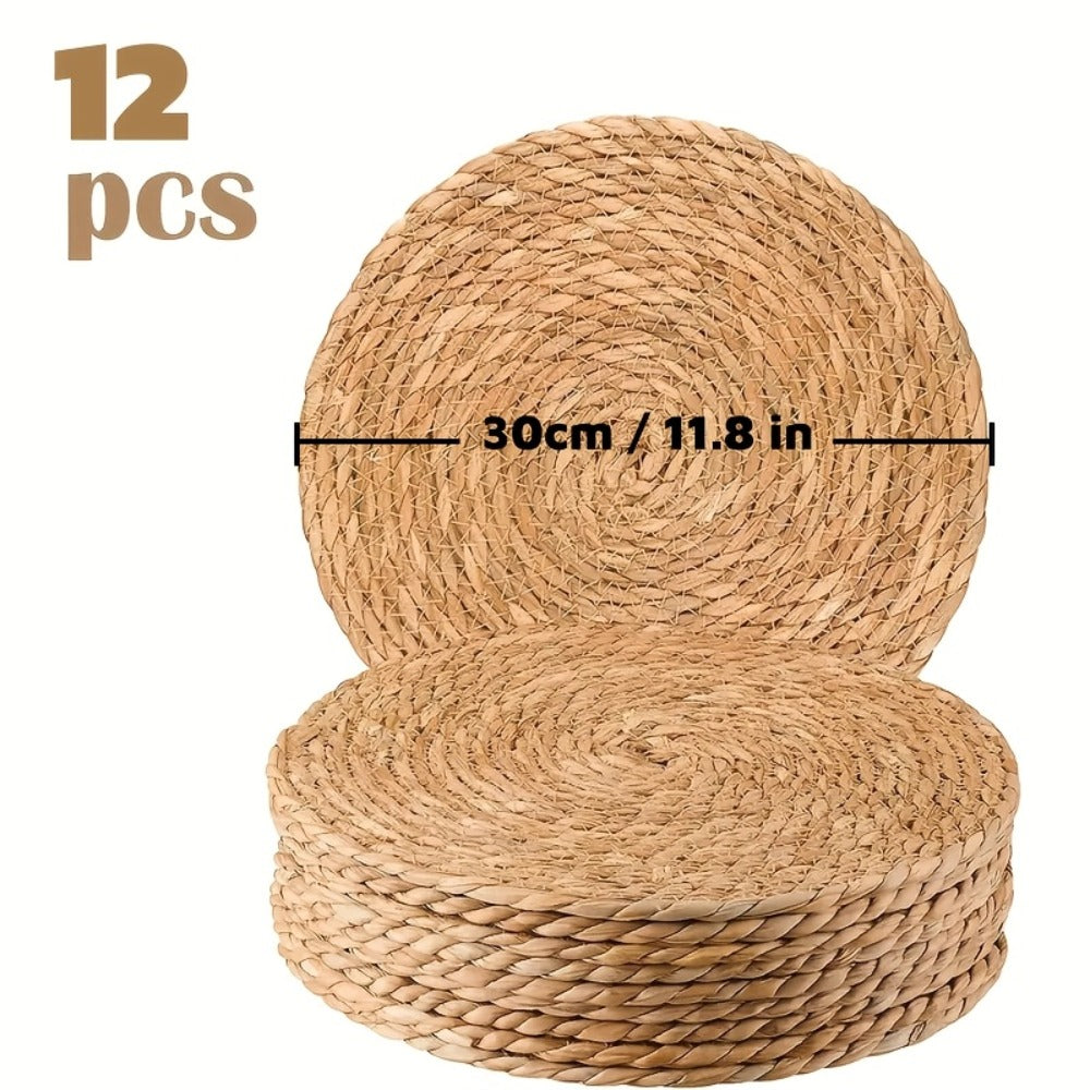 12pcs Rattan Placemats Natural Wicker Round Table Mats Heat-Resistant 11.8" Kitchen Dining Decor Bohemian