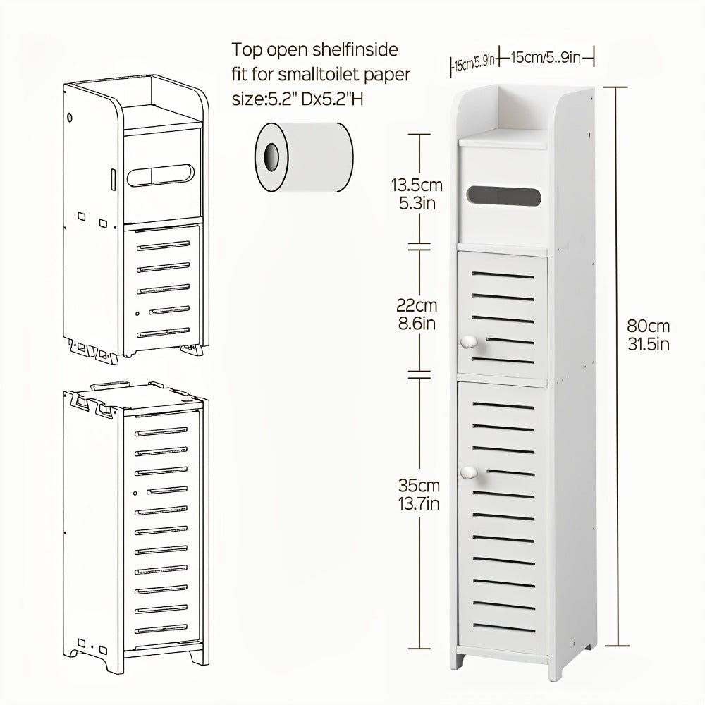 Slim Bathroom Storage Cabinet, PVC Toilet Paper Holder & Organizer for Small Spaces, Easy Assembly