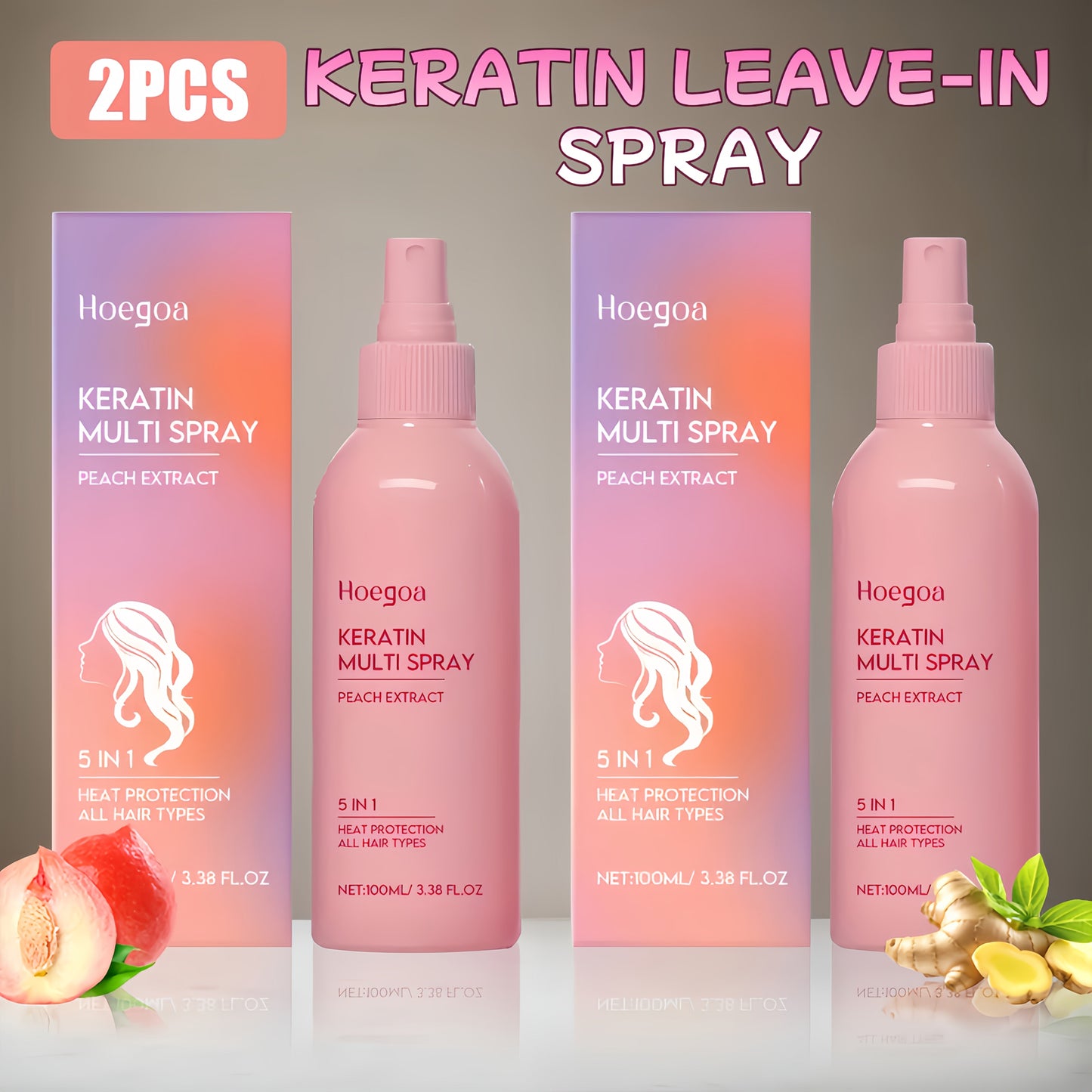 Leave-In Conditioner Spray 2 Pack, Fruity Peach Scent No-Rinse Hair Spray with Heat Protection, Fluffy Styling