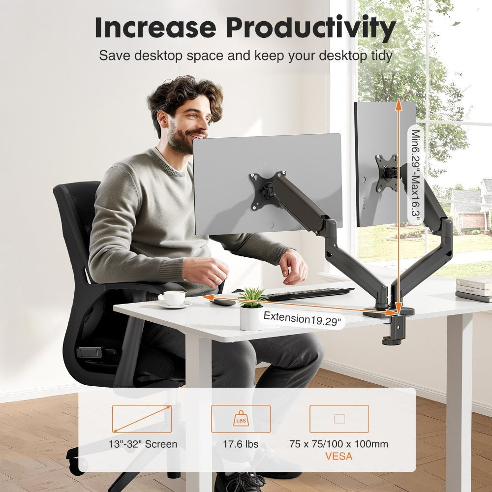Gas Spring Monitor Arm Single Dual, Desk Mount for 13-32 Inch Screens up to, Adjustable Height, 360° Swivel
