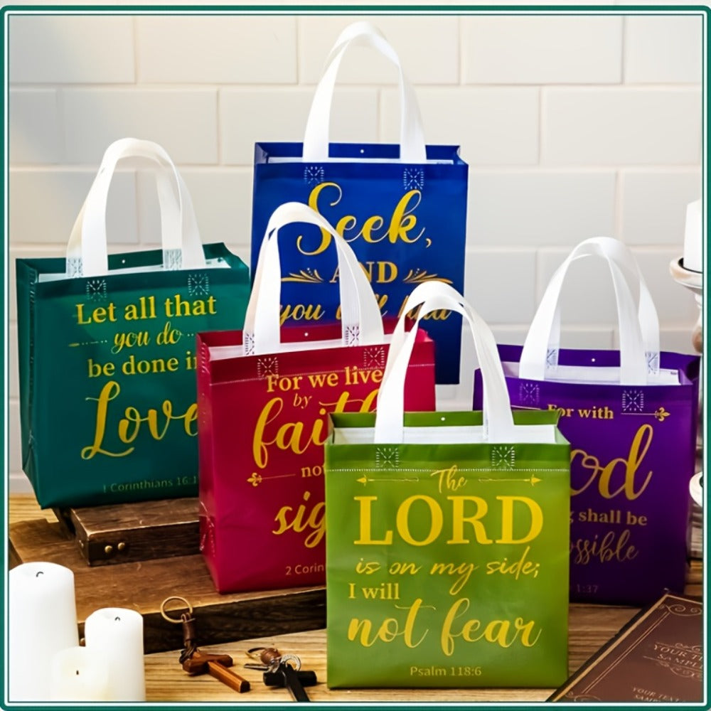 Gift Bag Set Bible Verse Print, 32 or 64 Non-Woven Bags in Eight Colors with White Handles and 9.06 x 8.66 x 4.33 Inch Size