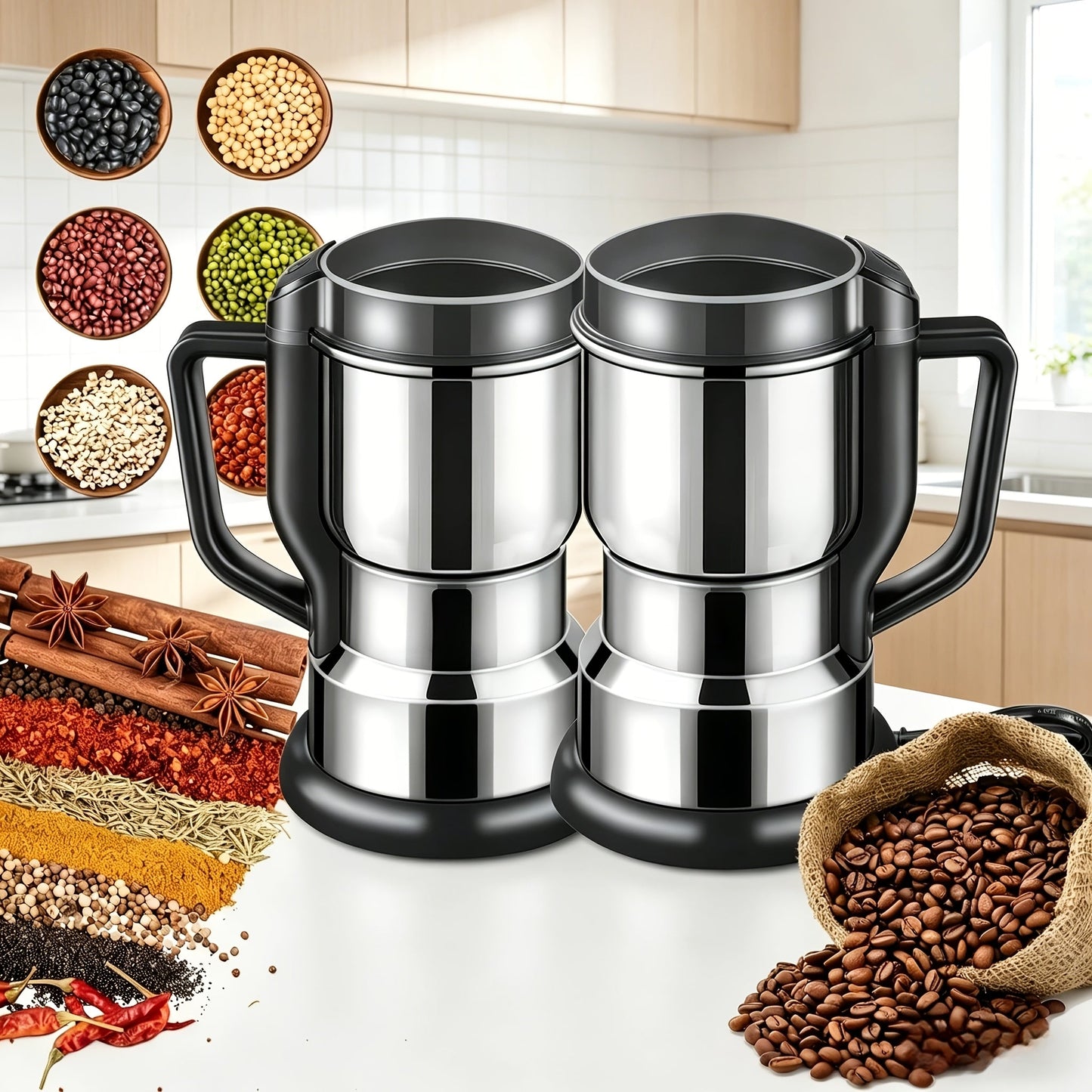 Electric Coffee Grinder 300W 25000RPM, 8-Blade Stainless Steel Spice & Grain Mill for Coffee Beans
