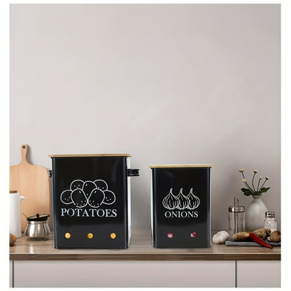Kitchen Storage Canister Potato Onion Storage Bin Aerating Ventilation Holes Wooden Lid for Home Cooking, Dining and Outdoor Meals