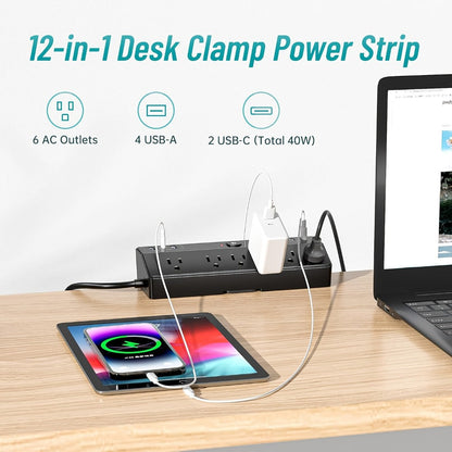 Power Strip Desk Clamp 12-in-1 with 6 AC Outlets, 4 USB-A, Dual PD 20W USB-C and 1800J Surge Rating