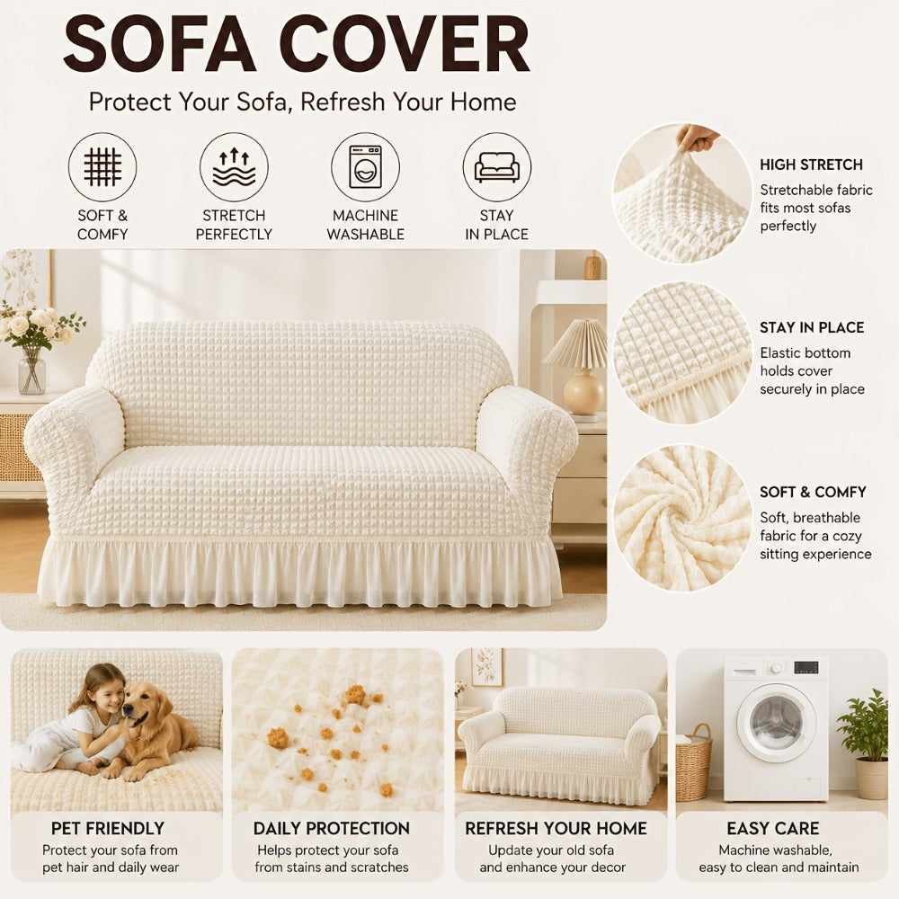 Seersucker Sofa Slipcover Elastic Band Closure Pet-Friendly All-Purpose Sofa Cover for Living Room Home Decor Protection