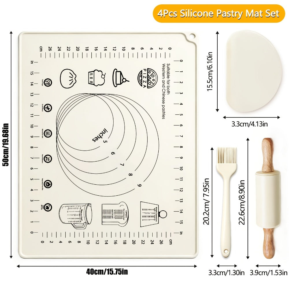 Silicone Baking Mat Set 4pcs, Extra Thick Non-Stick Pastry Mat with Measurement Scales, Non-Slip Dough Kneading Mat, Includes Rolling Pin