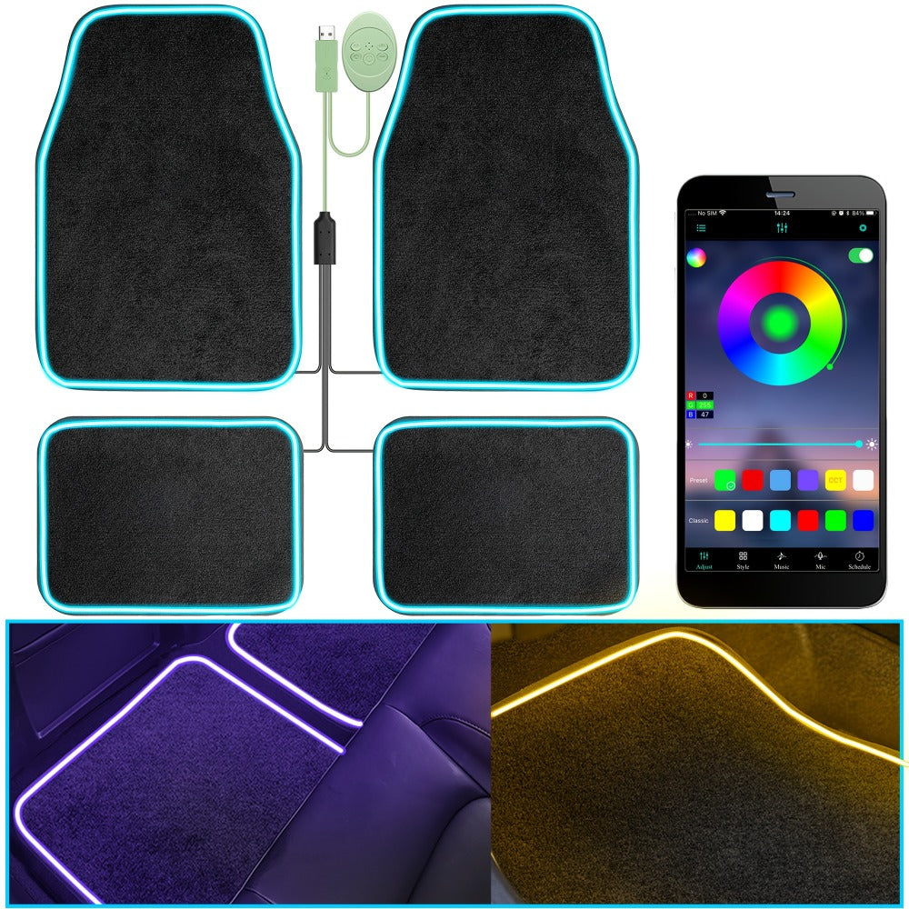 Edge-Lighted Car Floor Mats, Four-Piece Set with App-Controlled RGB Strip and Soft or PU Surface Options