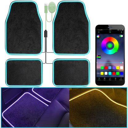 Edge-Lighted Car Floor Mats, Four-Piece Set with App-Controlled RGB Strip and Soft or PU Surface Options