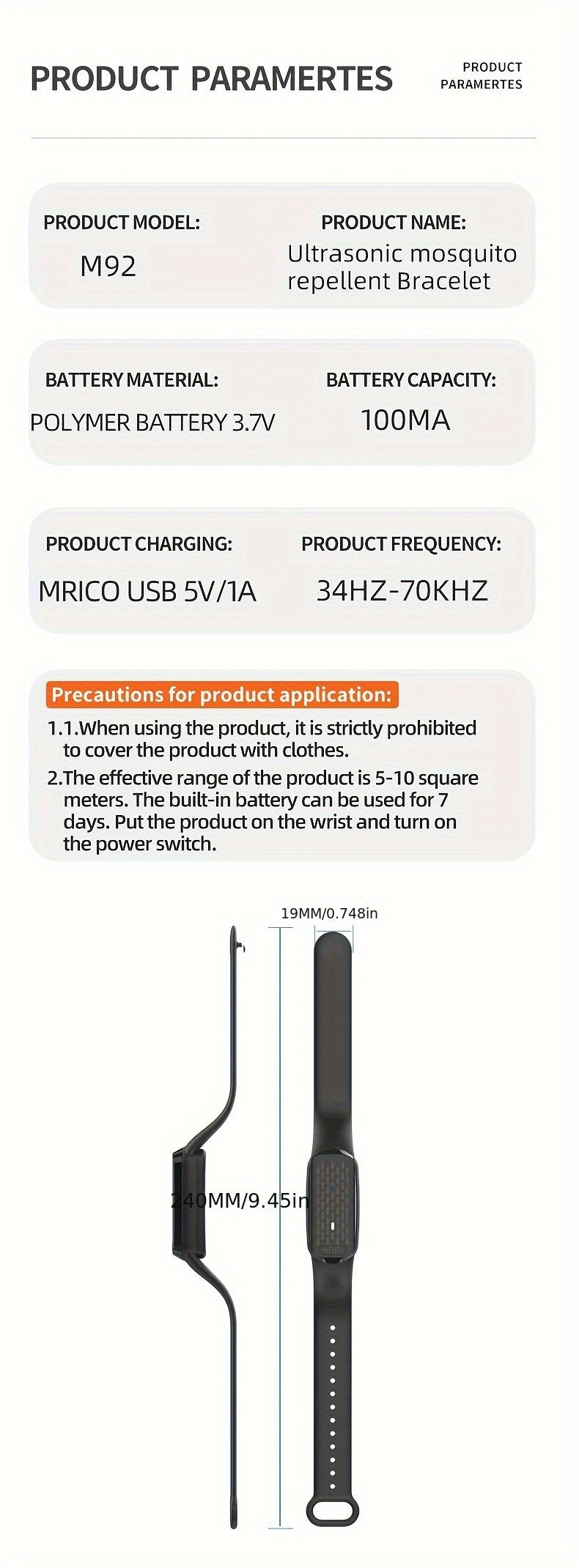 Mosquito Bracelet, Ultrasonic Soundwave Technology, USB Rechargeable, Wristband for Camping Outdoor Hiking Travel