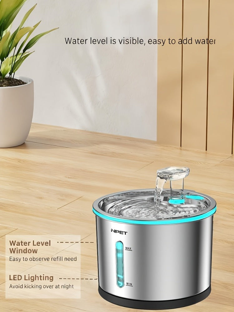 Cat Water Fountain Stainless Steel 50oz/1.5L – Ultra Quiet Auto Pet Water Dispenser with LED Light, Visible Window & Dishwasher Safe
