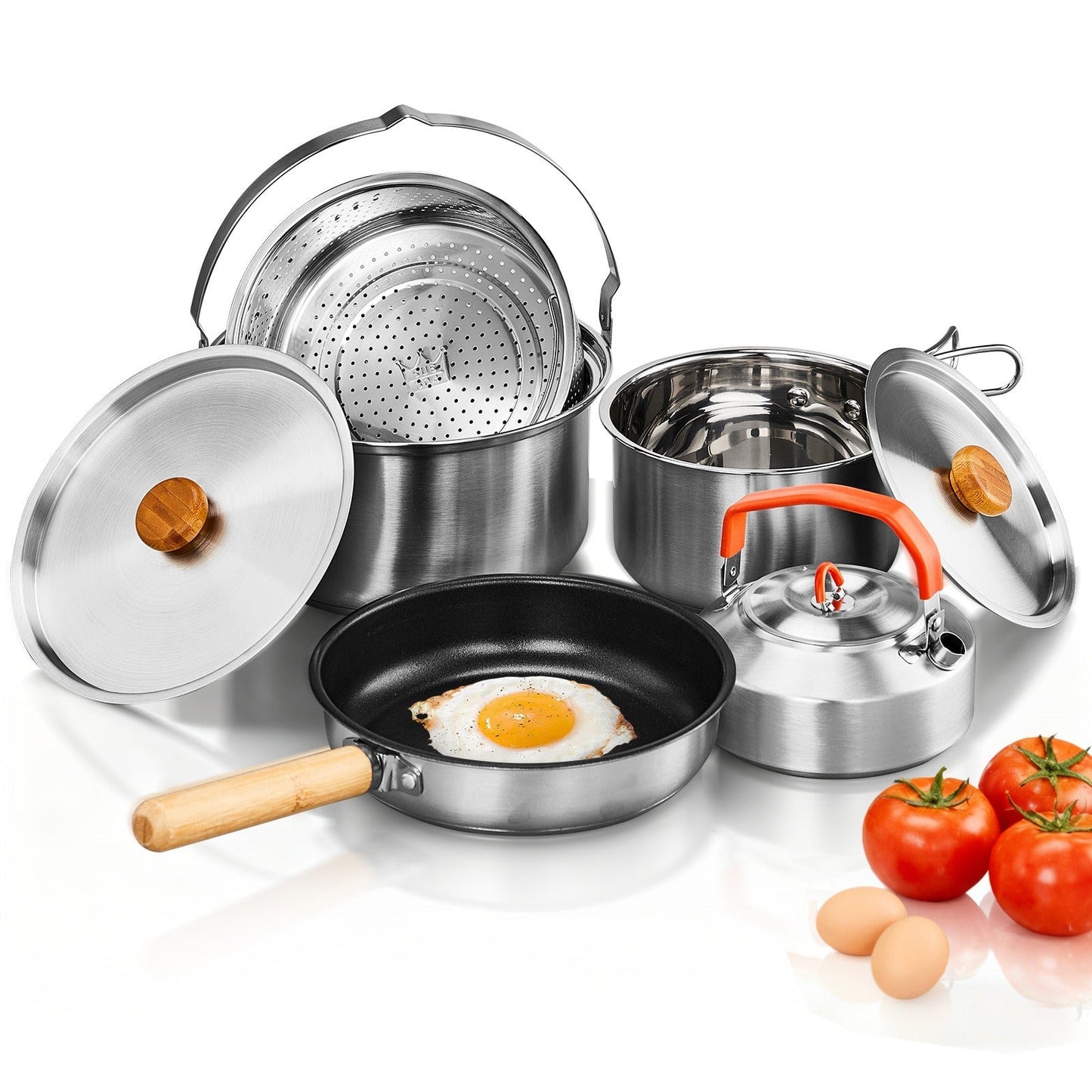 Camping Cookware Set, 19- or 27-Piece Coated Aluminum Mess Kit with Pot, Pan, Kettle, Cups, Plates and Cutlery