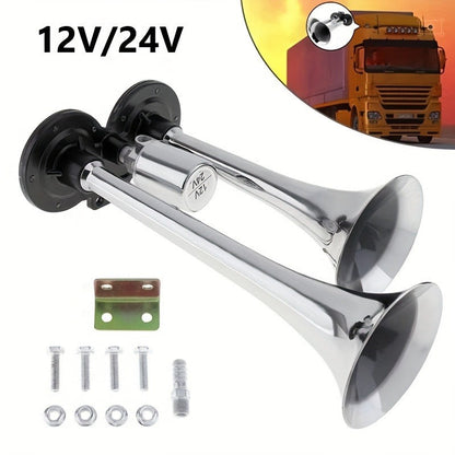 Dual Air Horn Kit 12V/24V 105-137dB with Air Compressor – Super Loud Aluminum Alloy Trumpet Horn for Truck, Train, SUV, Motorcycle