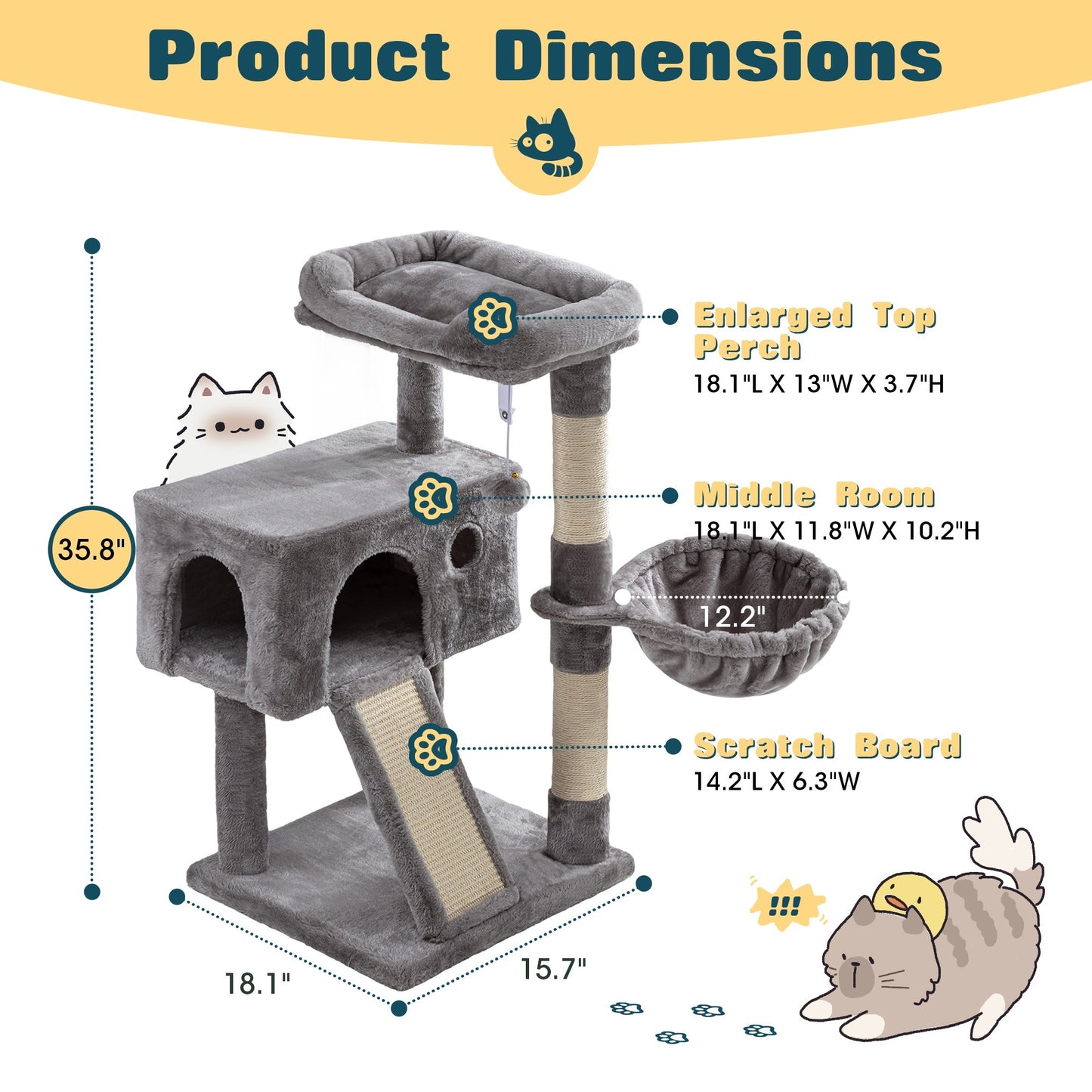 Cat Tree Tower Multi-Level for Indoor Cats – Cat Furniture with Sisal Scratching Posts, Plush Perches, Hammock, Basket & Corner Condo Cave