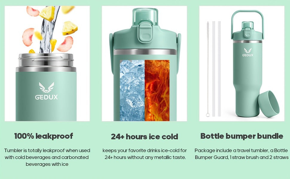 GEDUX Stainless Steel Water Bottle with Handled Lid and Removable Cup in 32oz or 40oz and Nine Styles