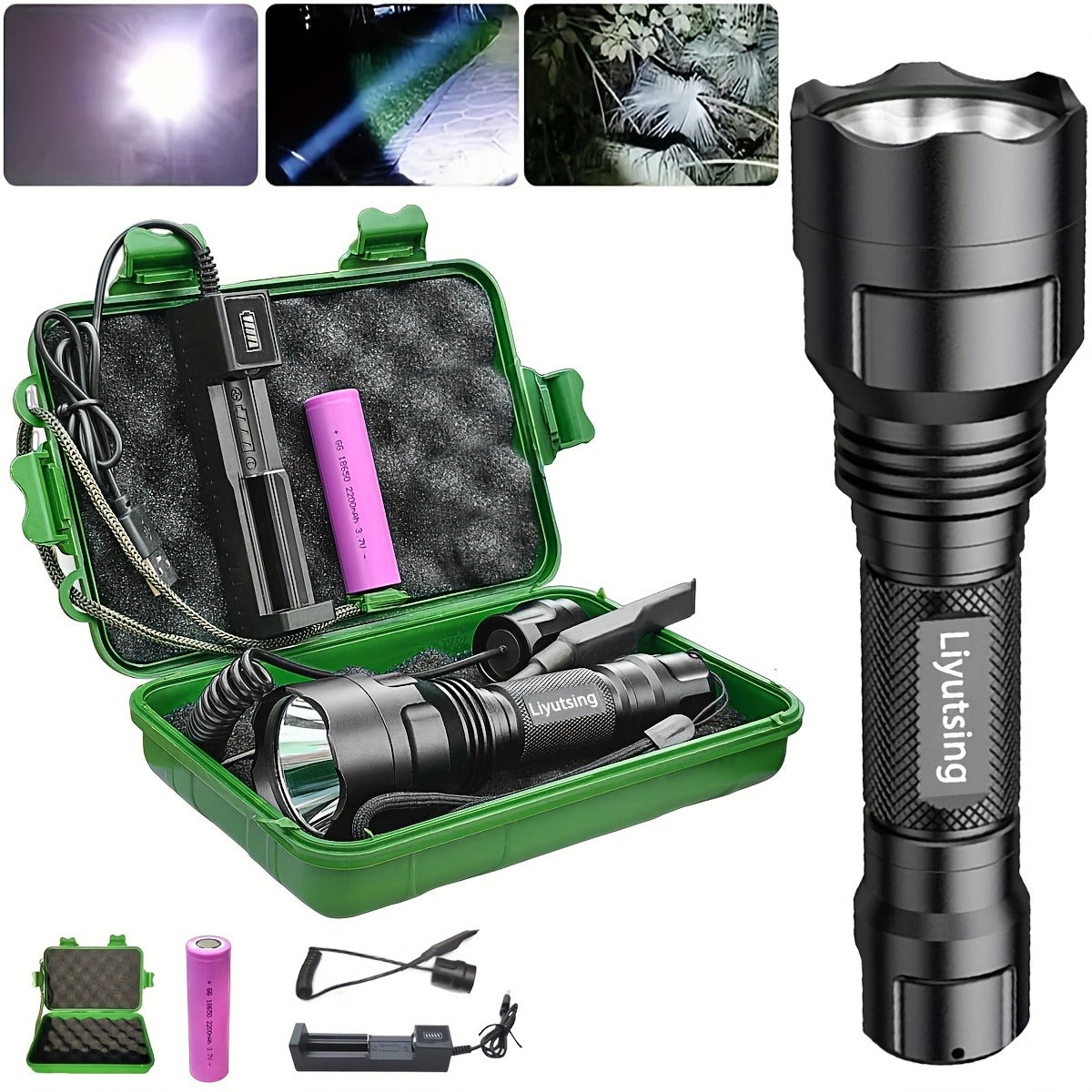 Flashlight Red, Green or White Hunting Light with Remote Switch, 18650 Battery and Mount Options