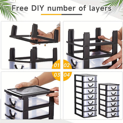 Seven-Drawer Desktop Organizer in Black or White, One- or Two-Piece Set with Clear Front Drawers