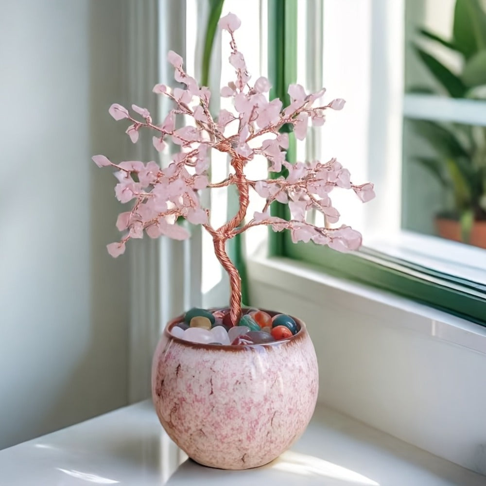 Natural Crystal Gemstone Tree with Ceramic Base 7 Inch Handmade Healing Stone Bonsai Tree for Entryways, Bedrooms and Living Spaces