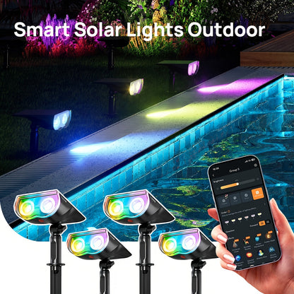 Solar Outdoor Spotlights RGB Smart Color Changing, App & Voice Control, Music Sync, 16M Colors, 14H Battery
