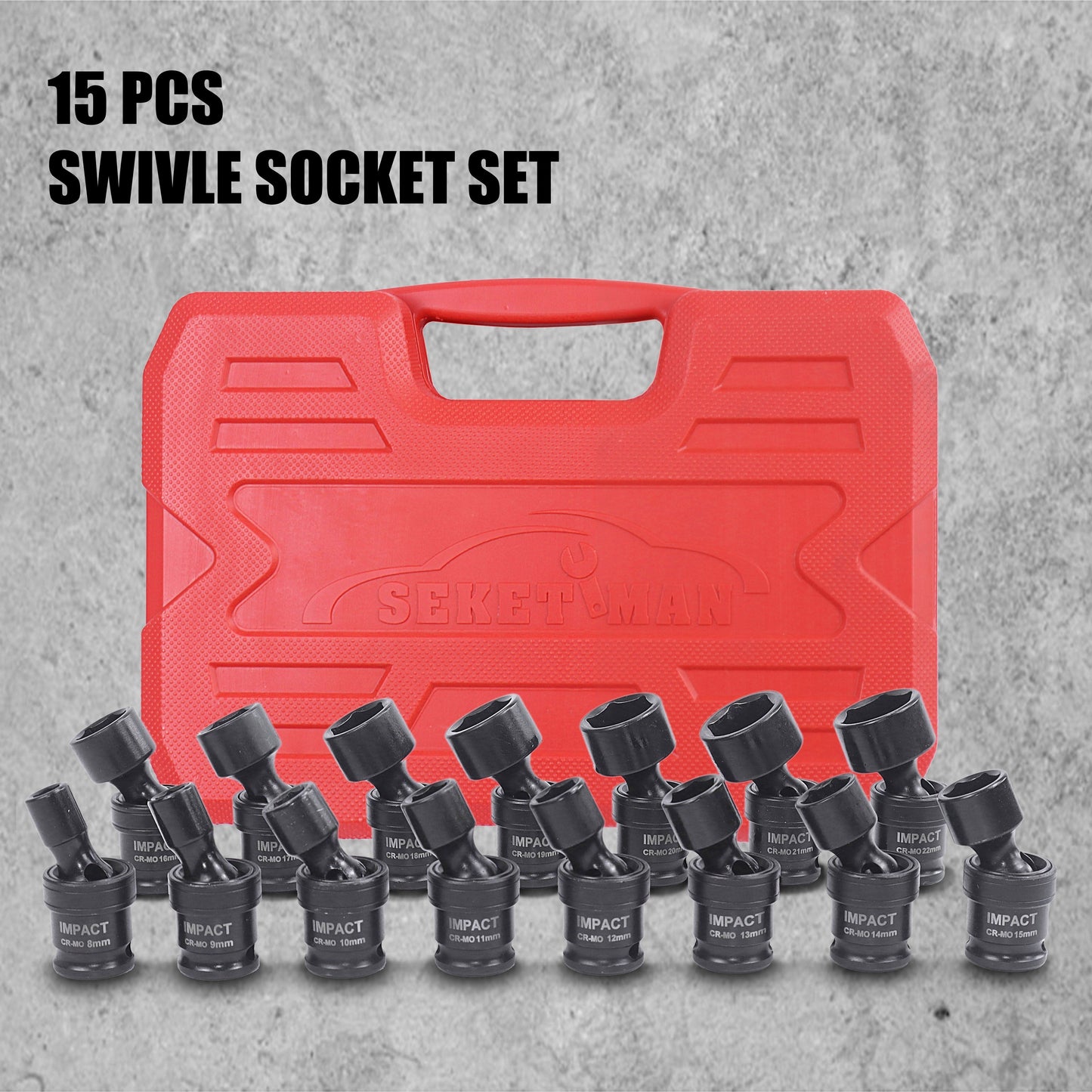 3/8-Inch Drive Impact Socket Set with 15-Piece Swivel or 17+1-Piece Accessory Kits in Red Cases