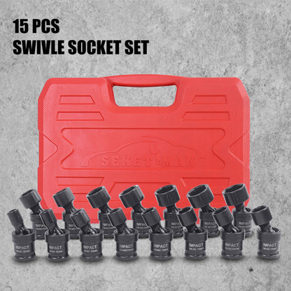 3/8-Inch Drive Impact Socket Set with 15-Piece Swivel or 17+1-Piece Accessory Kits in Red Cases