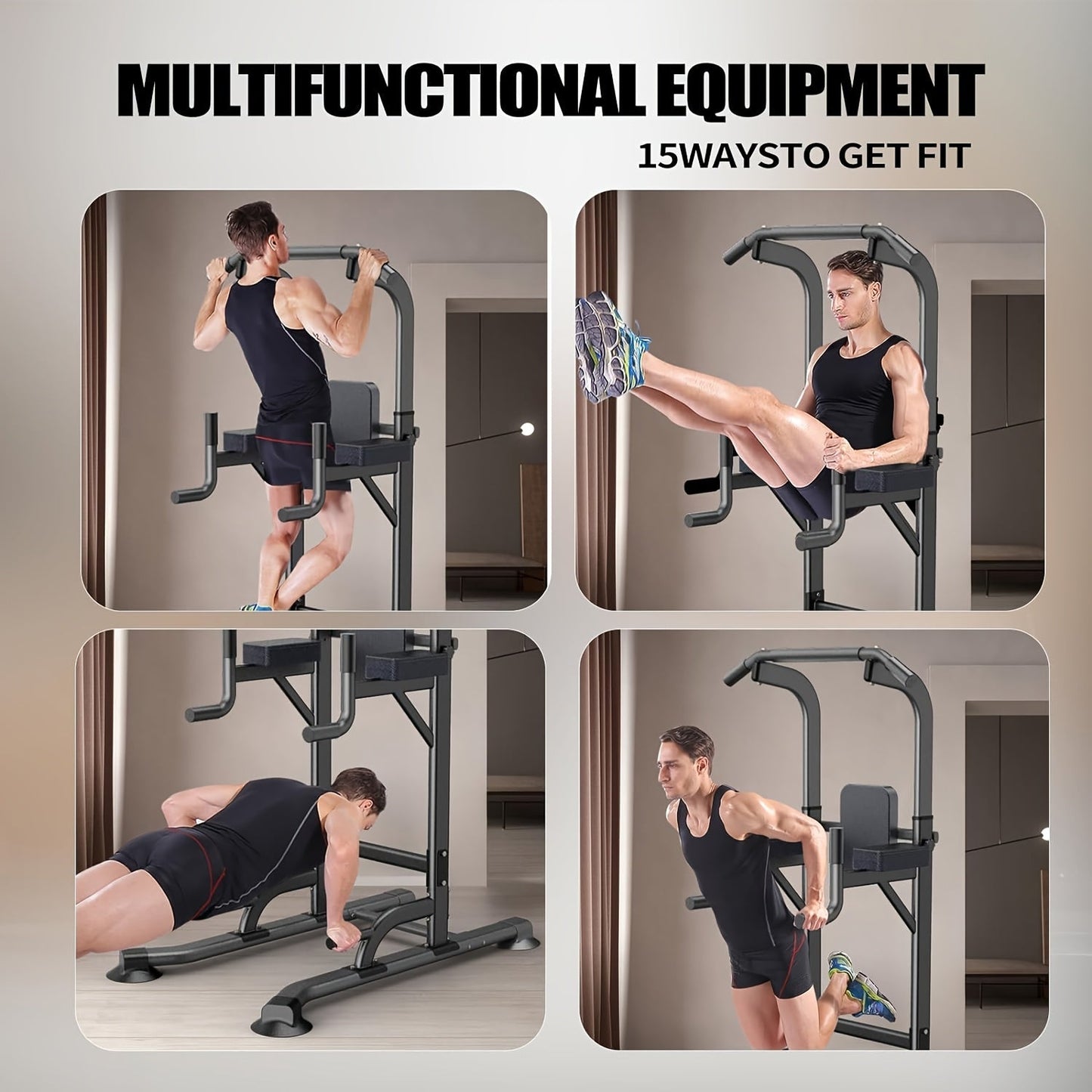 Power Tower Dip Station with Pull Up Bar – Adjustable Height Multi-Function Home Gym Strength Training Workout Station for Dips, Chin Ups
