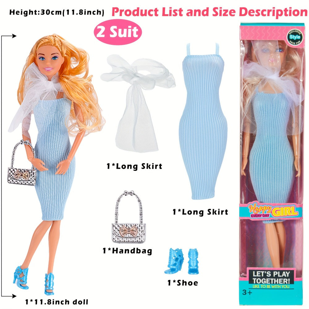 Six-Piece 11.5-Inch Fashion Doll Set with Mixed Outfits, Handbags, Hats, Necklaces and Suitcase Accessories