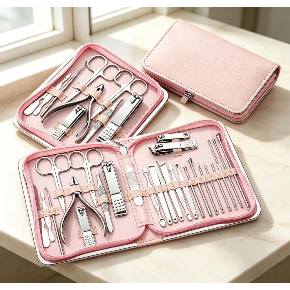 Manicure Pedicure Set 26pcs Pink Stainless Steel – Precision Nail Clippers Cuticle Nipper & Dead Skin Scissors 45° Blade Professional