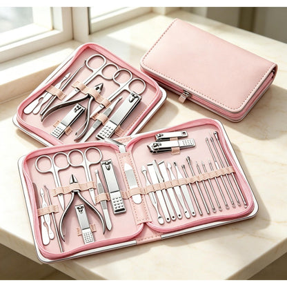 Manicure Pedicure Set 26pcs Pink Stainless Steel – Precision Nail Clippers Cuticle Nipper & Dead Skin Scissors 45° Blade Professional
