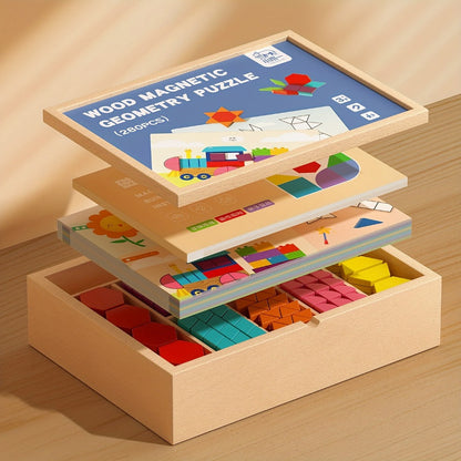 Magnetic Wooden Puzzle Board for Kids, 128/180/220/280 PCS Geometric Shape Recognition & Logical Thinking Toy