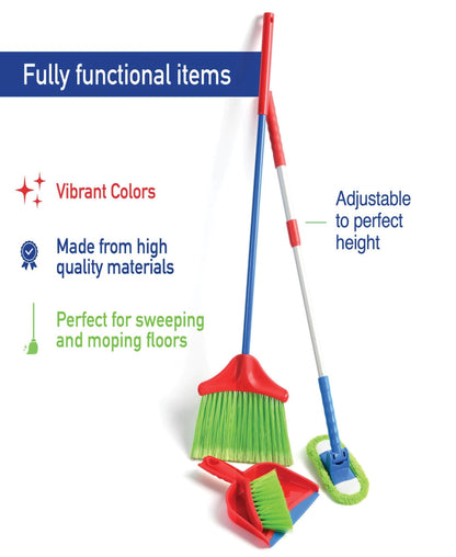 Kids Cleaning Set 4 Piece Toy Broom Mop Brush Dustpan, Pretend Play Housekeeping Kit for Toddlers Boys Girls