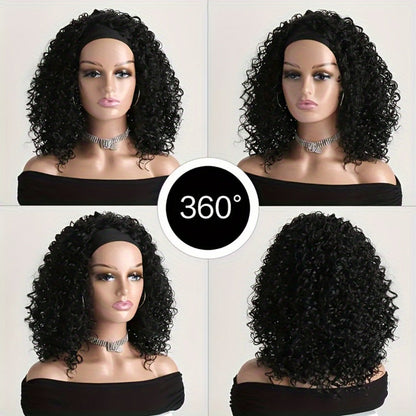 Headband Wig Curly Wavy for Women Black Synthetic Glueless No Lace – Elastic Cap Heat Resistant Beginner Friendly for Daily Wear Party