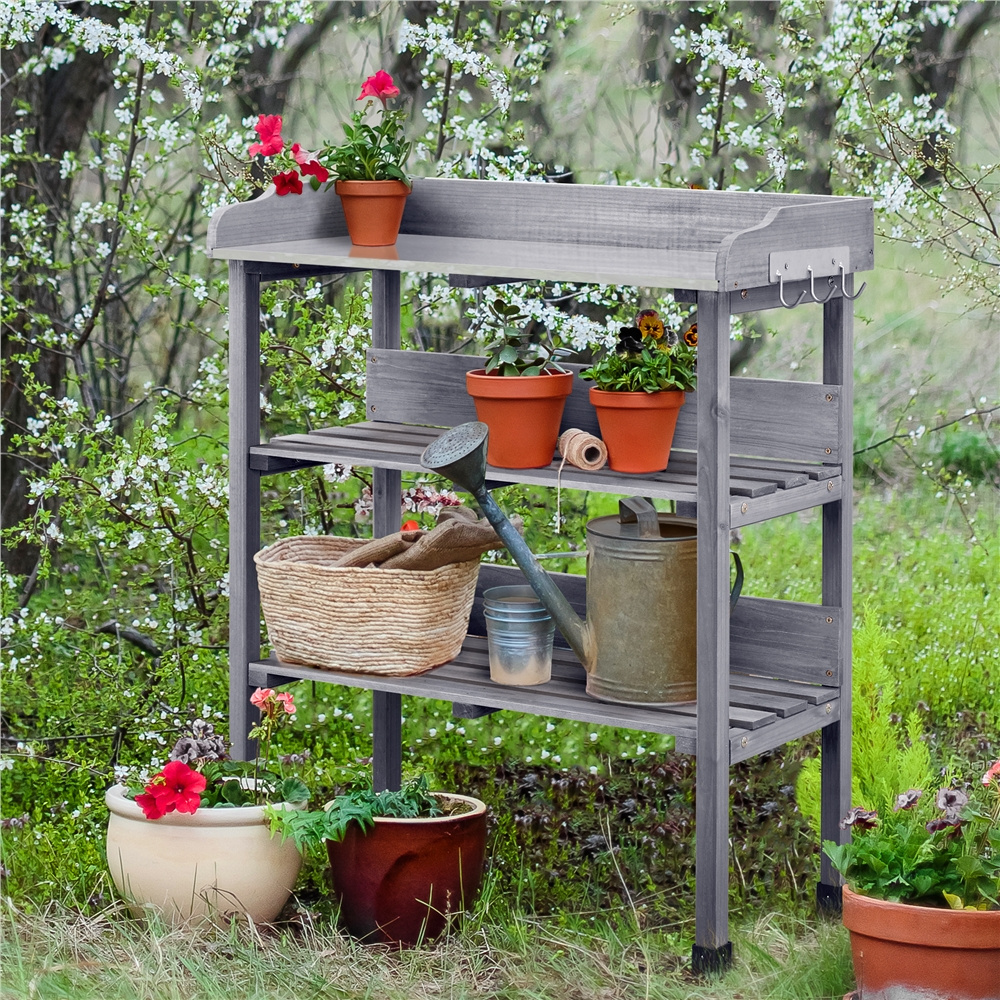 Rolling Potting Bench 3-Tier Wooden Garden Workstation Waist-High Galvanized Metal Top Lockable Casters for Garden, Patio and Yard Use