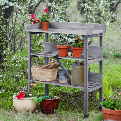 Rolling Potting Bench 3-Tier Wooden Garden Workstation Waist-High Galvanized Metal Top Lockable Casters for Garden, Patio and Yard Use