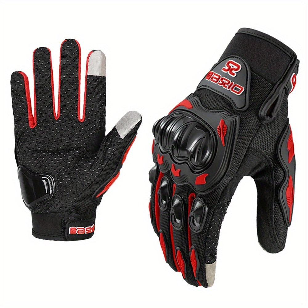 Full-Finger Motorcycle Gloves with Segmented Knuckle Shell, Wrist Tabs, Black or Red in M to XL