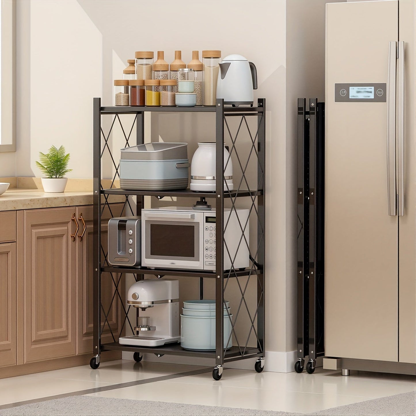 Three-to-Five-Tier Foldable Storage Rack with Carbon Steel Frame, Lockable Wheels and Three Colors
