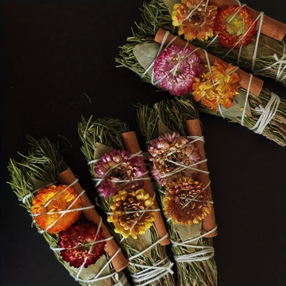 Rosemary Cinnamon Dried Flower Bundles 5pcs, Handmade Aromatic Home Decor Sticks with Bay Leaves & Daisies