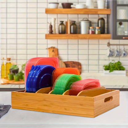 Bamboo Lid Organizer for Kitchen Cabinet with 5 Adjustable Dividers – Tupperware Lid Holder for Food Container Lids